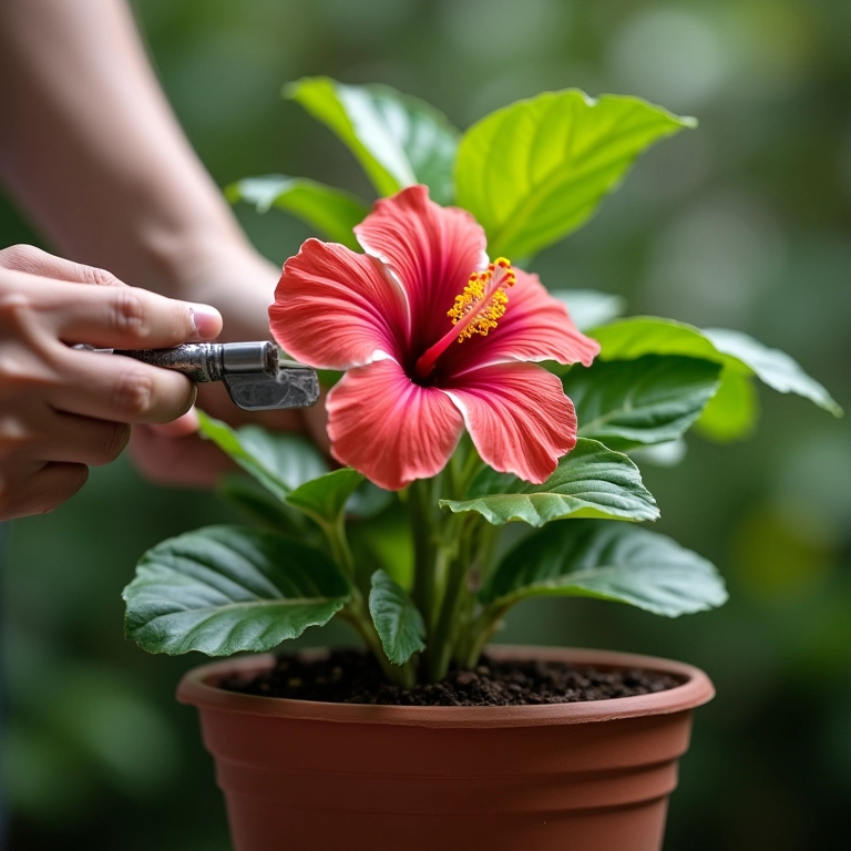 Aplicando fertilizante em hibisco plantado em vaso.