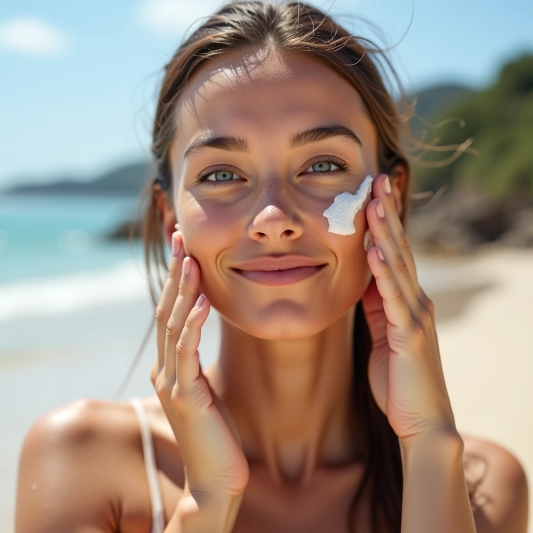 Aplicando protetor solar no rosto na praia.