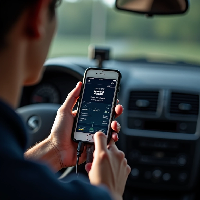 Aplicativo de celular conectado ao OBD2 para diagnóstico.