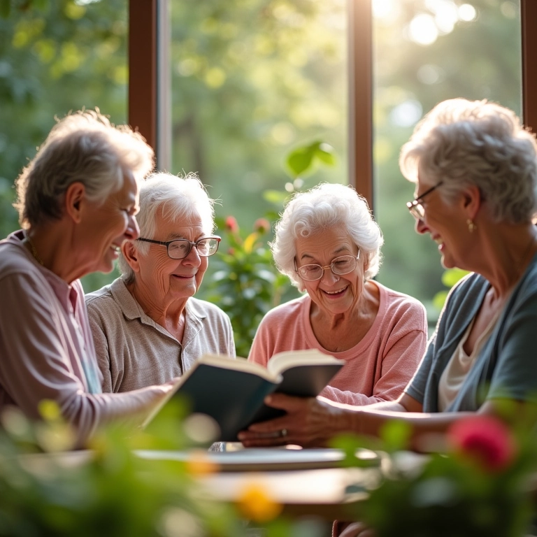 Aposentados desfrutando atividades em coliving, leitura e jardinagem, ambiente confortável e acolhedor.