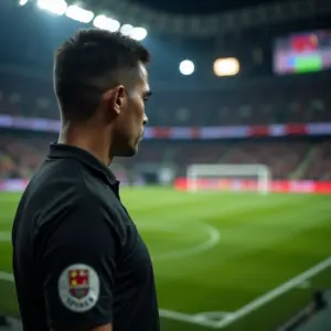 Árbitro de futebol concentrado, revisando jogada no monitor do VAR.