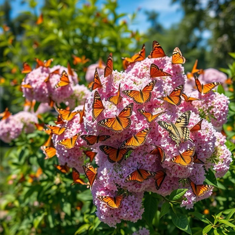 Arbusto de Buddleja repleto de borboletas coloridas.