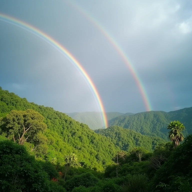 Arco-íris duplo sobre paisagem exuberante brasileira.