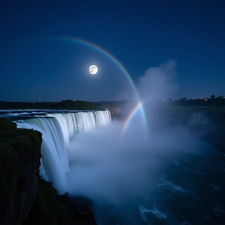 Arco-íris lunar sobre as Cataratas do Iguaçu à noite.