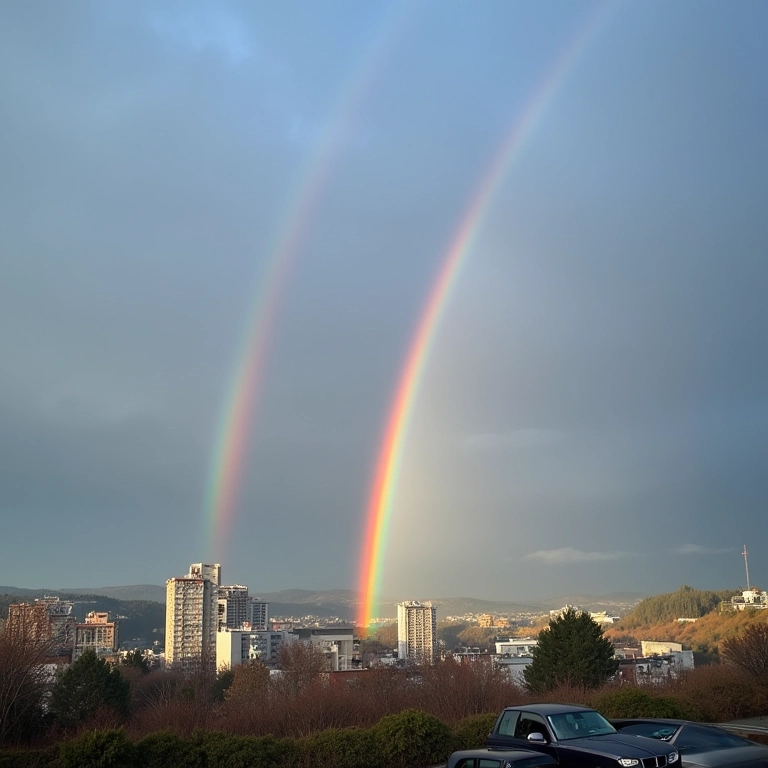 Arco-íris parcial sobre a cidade após a chuva.