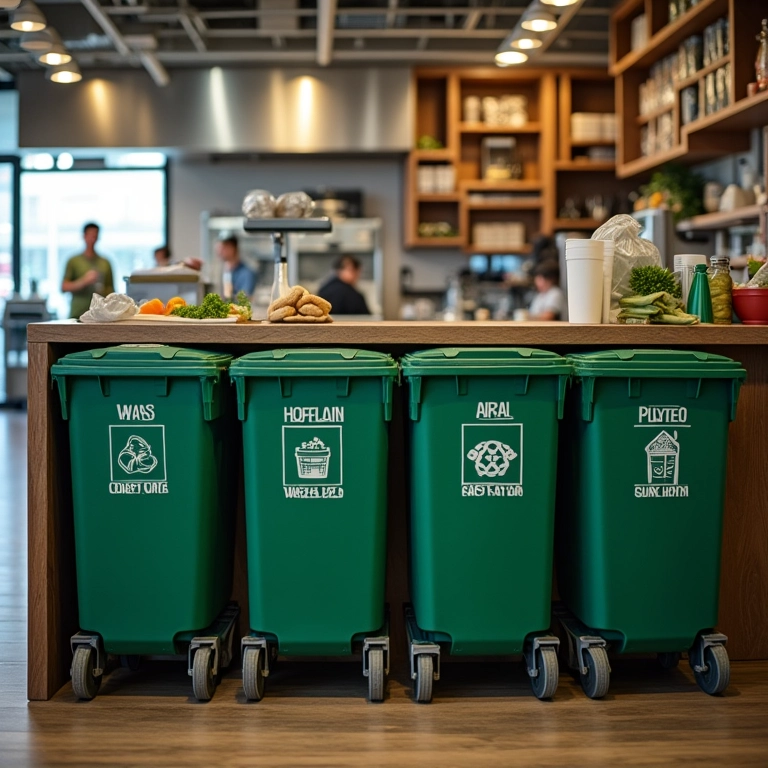 Área de descarte de resíduos em negócio de alimentos com lixeiras identificadas.