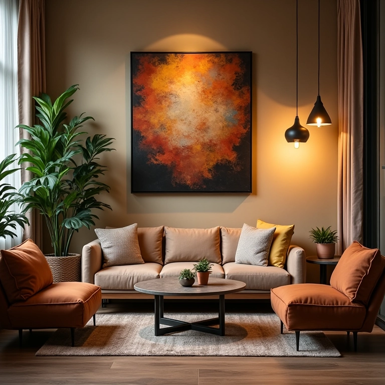 Área de espera aconchegante em imobiliária com decoração brasileira.