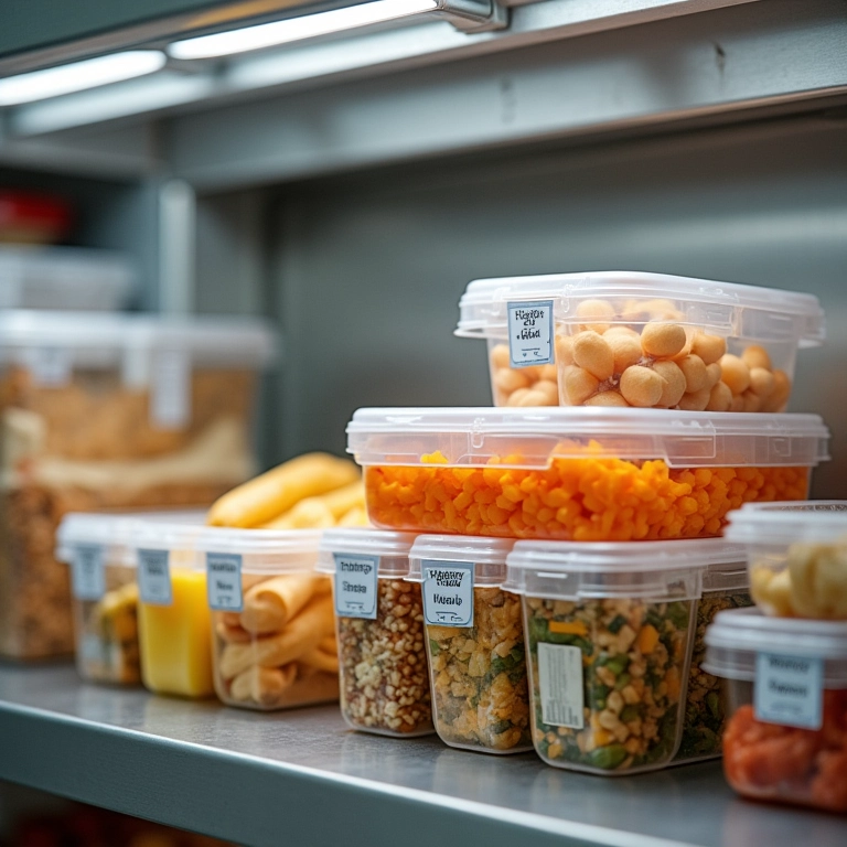 Armazenamento organizado de alimentos com recipientes rotulados.