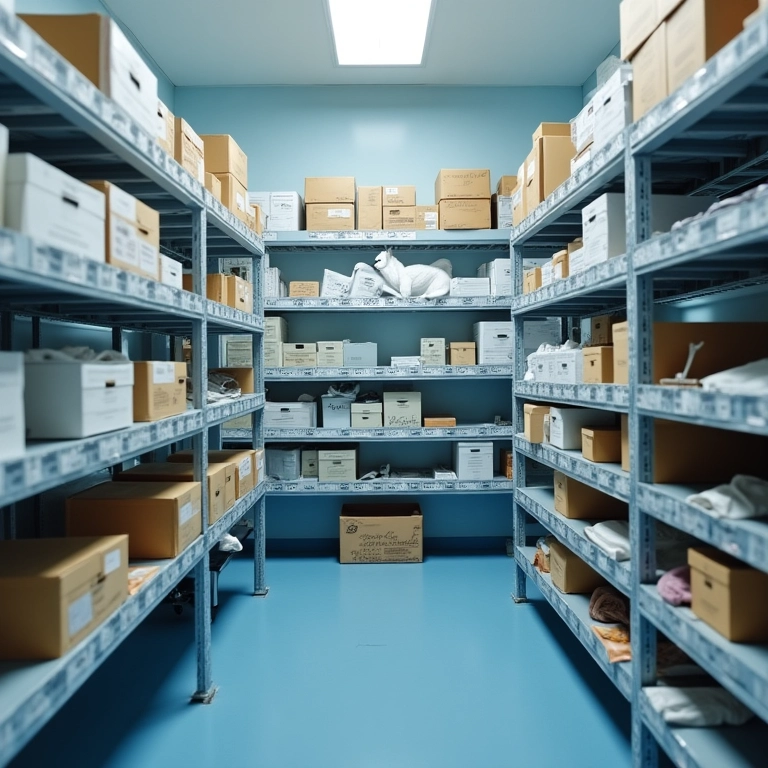 Armazenamento organizado em clínica veterinária com materiais acessíveis.