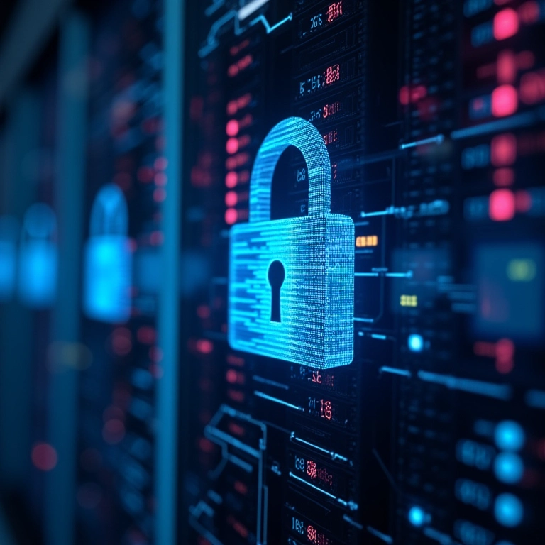 Armazenamento seguro de dados representado por cadeados digitais e servidores em um data center vibrante.