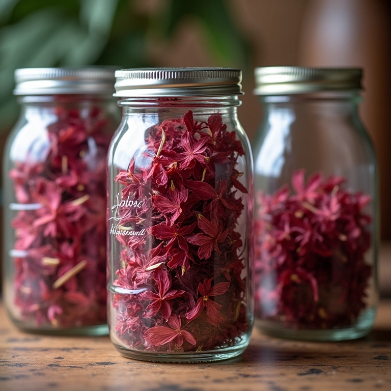 Armazenando flores de hibisco secas em potes de vidro herméticos.