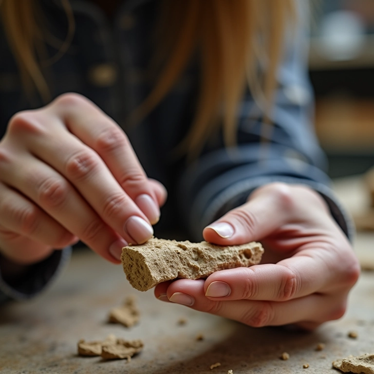 Arqueólogo analisando fragmentos de flauta.