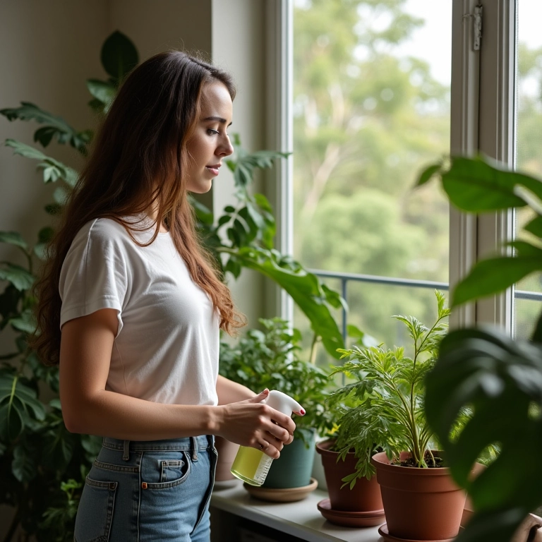 Arquiteta aplicando óleo de neem em plantas na varanda.
