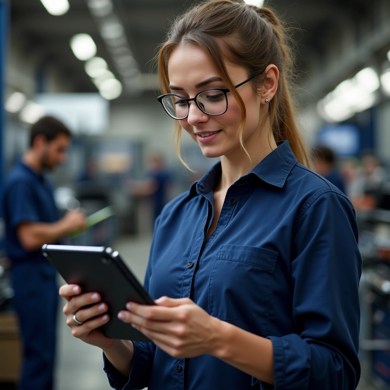Arquiteta automotiva dando dicas em um tablet.