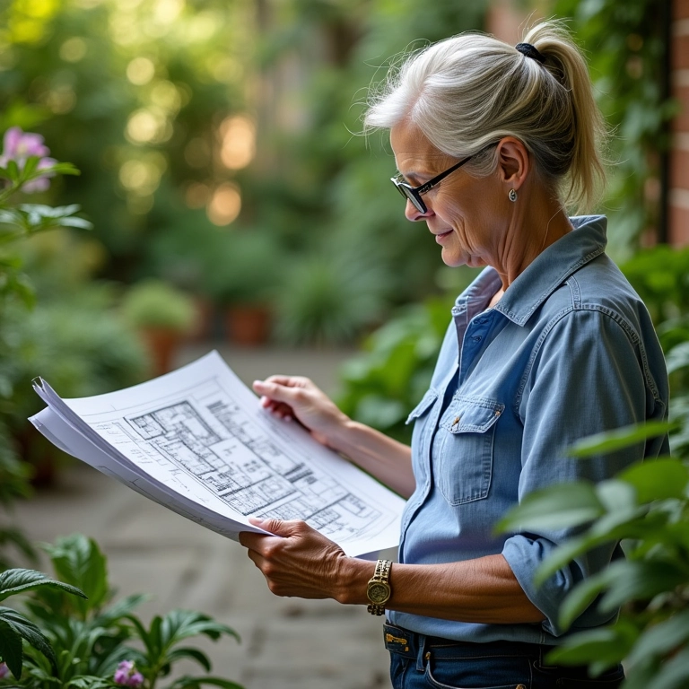 Arquiteta explicando o design do jardim com uma planta na mão.