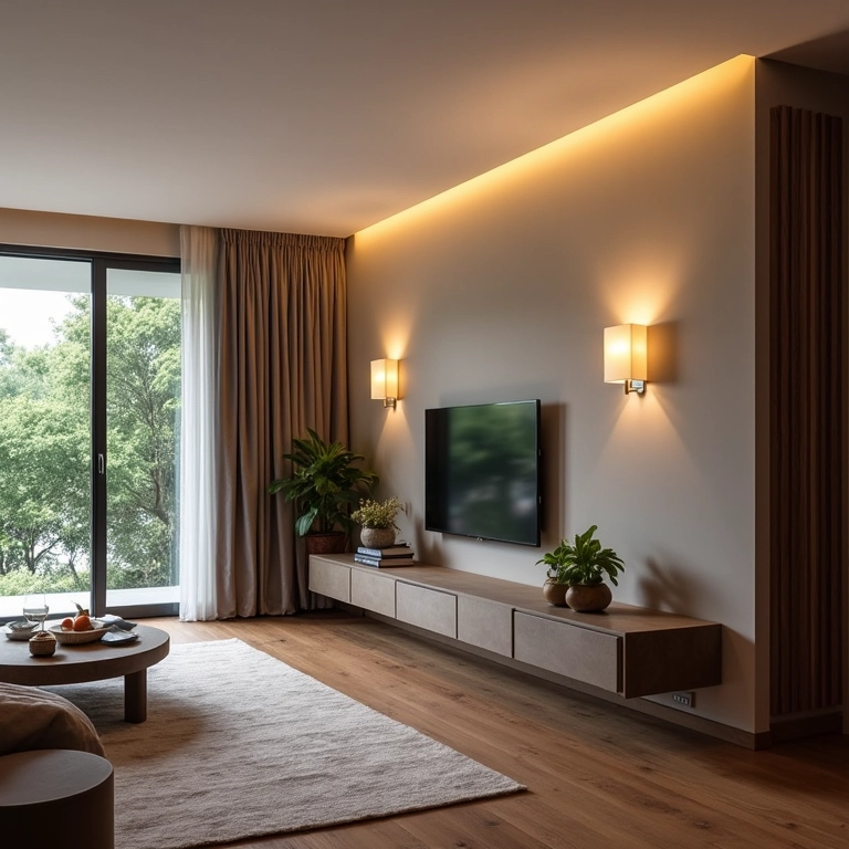 Arquiteta explicando opções de iluminação em sala de TV.