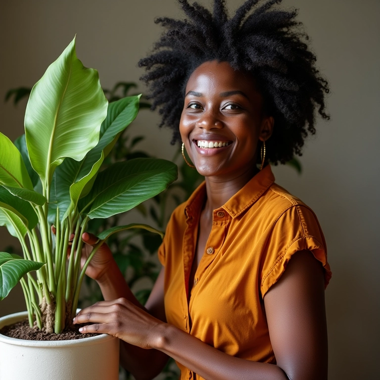 Arquiteta-jardineira sorrindo ao lado do açafrão cultivado.