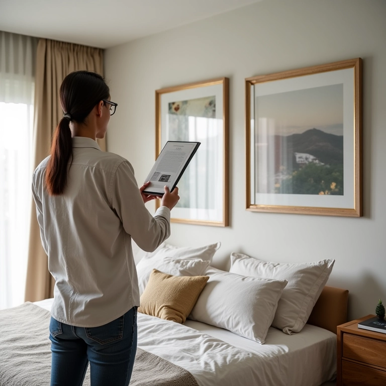 Arquiteta mostrando quadros para decoração de quarto de casal.
