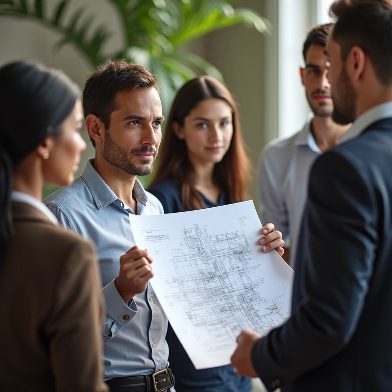 Arquiteto apresentando memorial descritivo detalhado a cliente.