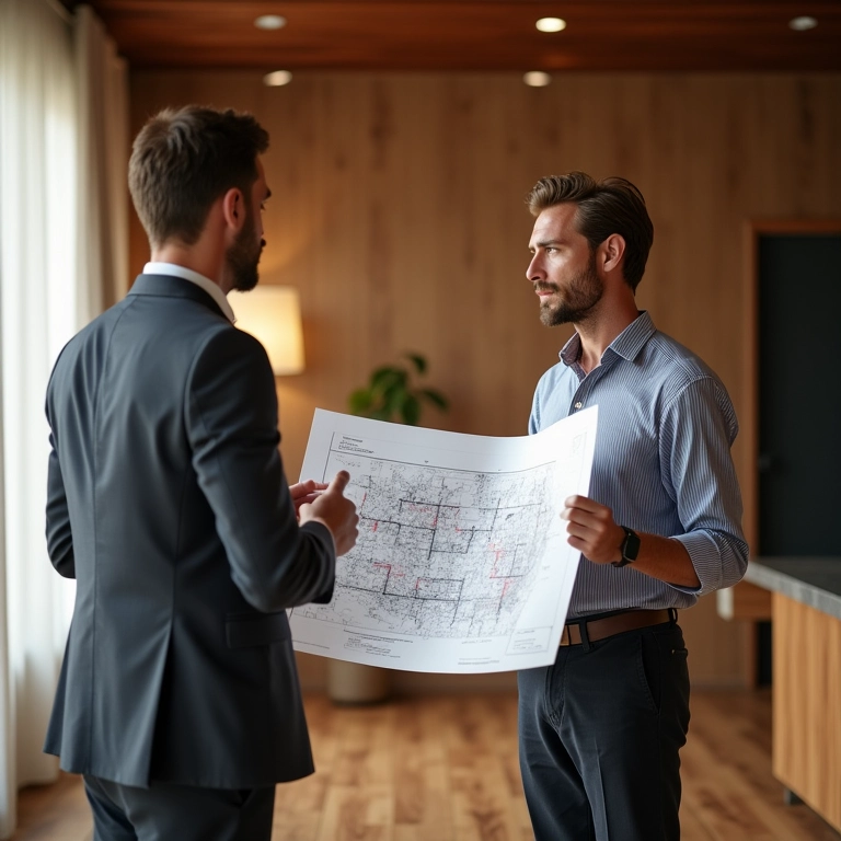 Arquiteto apresentando planos a cliente, representando o status de Profissional Liberal.