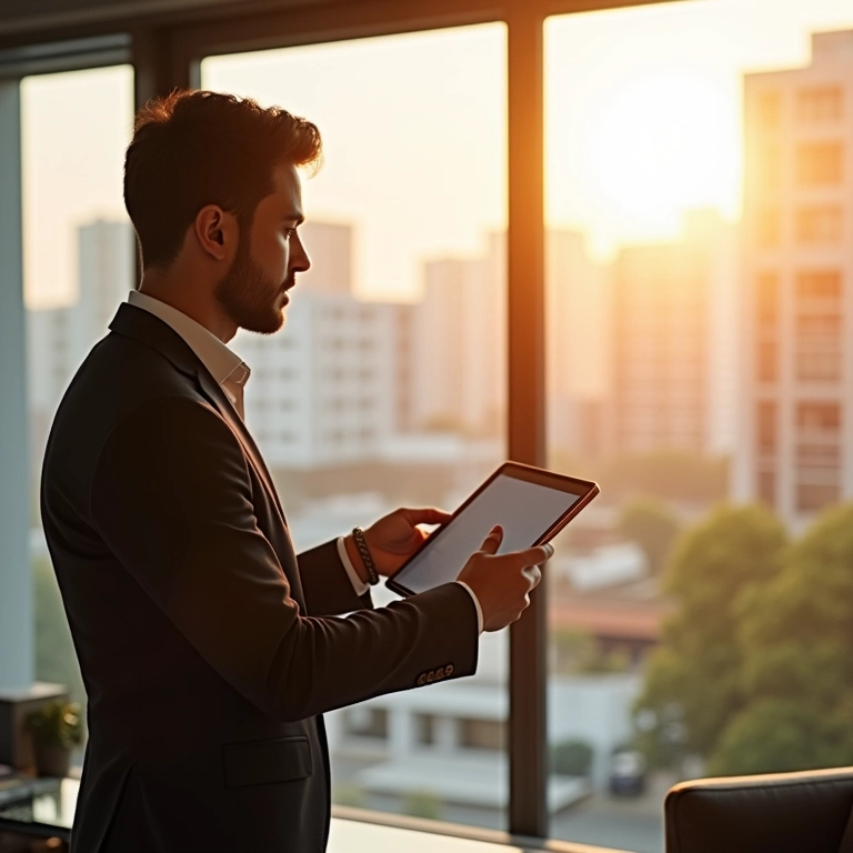 Arquiteto apresentando projeto de escritório com vantagens da Microempresa (ME) em tela digital.