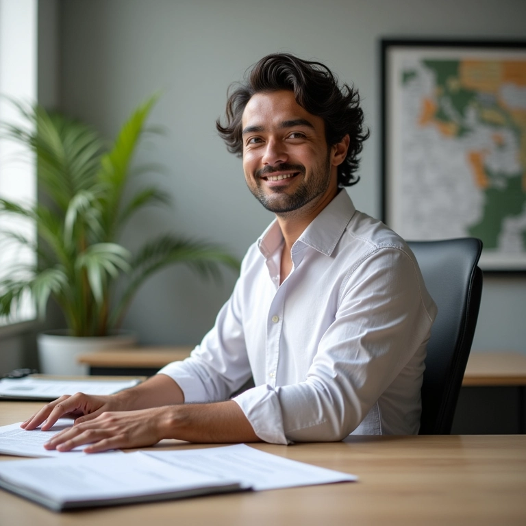 Arquiteto autônomo confiante trabalhando em sua mesa com documentos organizados.