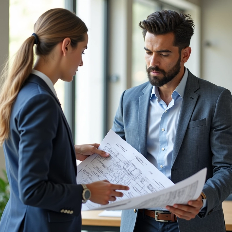 Arquiteto brasileiro revisando planos de casa container com cliente.