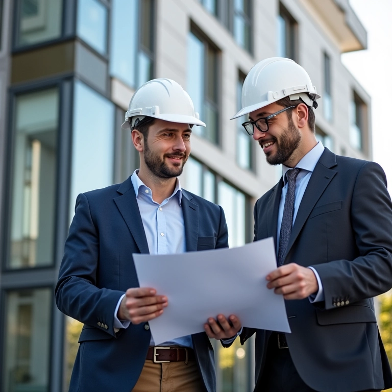 Arquiteto e proprietário discutindo planos de retrofit de fachada.