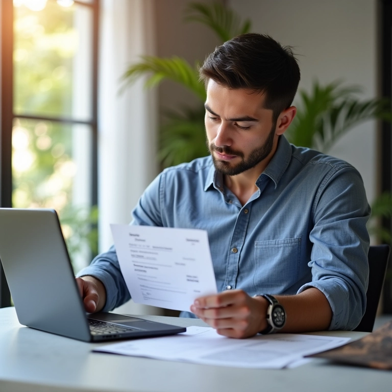 Arquiteto emitindo nota fiscal no laptop em escritório com decoração brasileira.