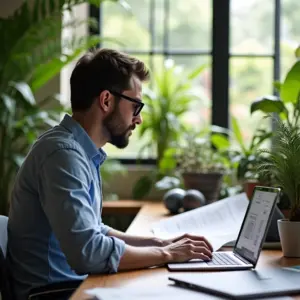 Arquiteto revisando planta em espaço de coworking brasileiro com laptop mostrando processo de registro MEI.