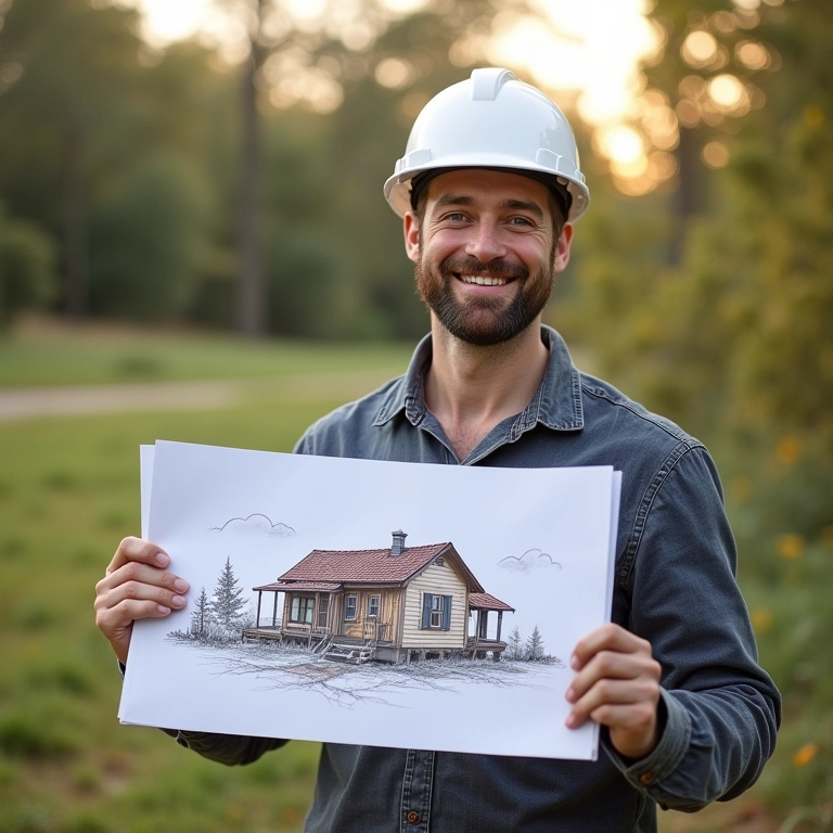 Arquiteto segurando plantas de uma tiny house.