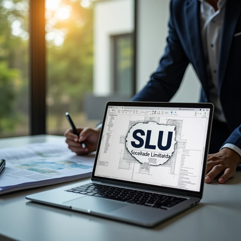 Arquiteto trabalhando em design com laptop mostrando Sociedade Limitada Unipessoal (SLU).