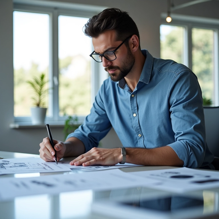 Arquiteto trabalhando em modelagem 3D para design paramétrico em escritório moderno.