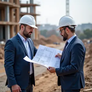 Arquitetos analisando planta detalhada em obra, enfatizando a importância do planejamento.