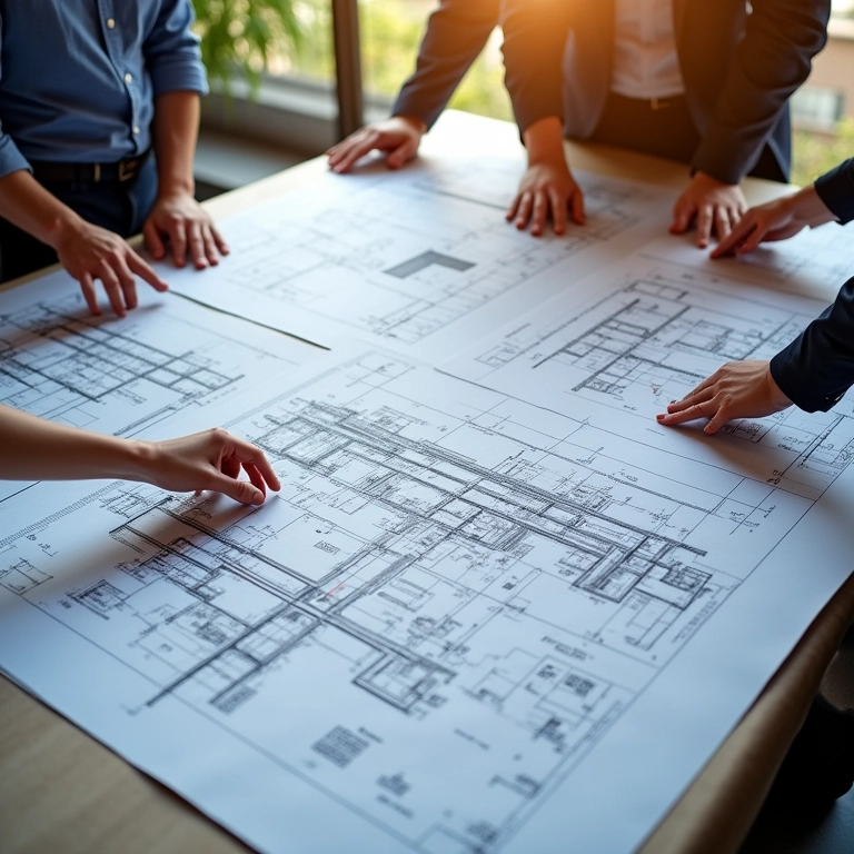 Arquitetos coordenando projetos complementares em mesa grande.