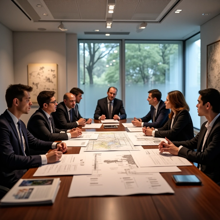 Arquitetos discutindo planos de reforma de museu e documentos financeiros.