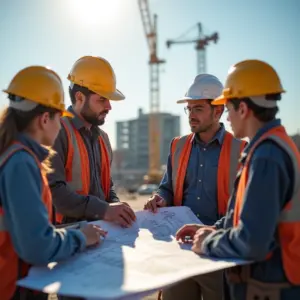 Arquitetos diversos analisando planta detalhada de obra.
