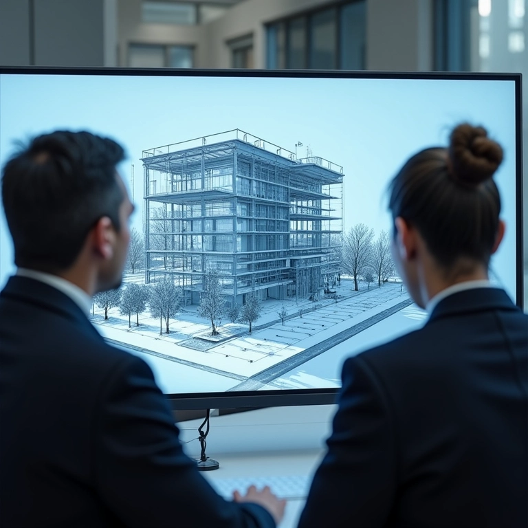 Arquitetos usando software BIM para modelagem 3D.