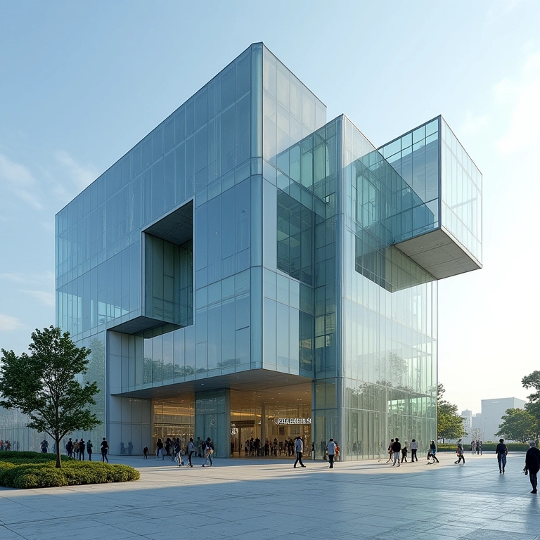 Arquitetura desconstrutivista com materiais inovadores como vidro e aço.