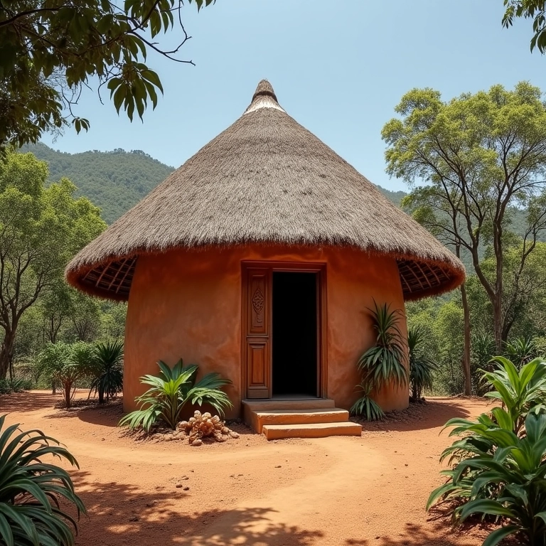 Arquitetura indígena em aldeia brasileira, com materiais naturais.