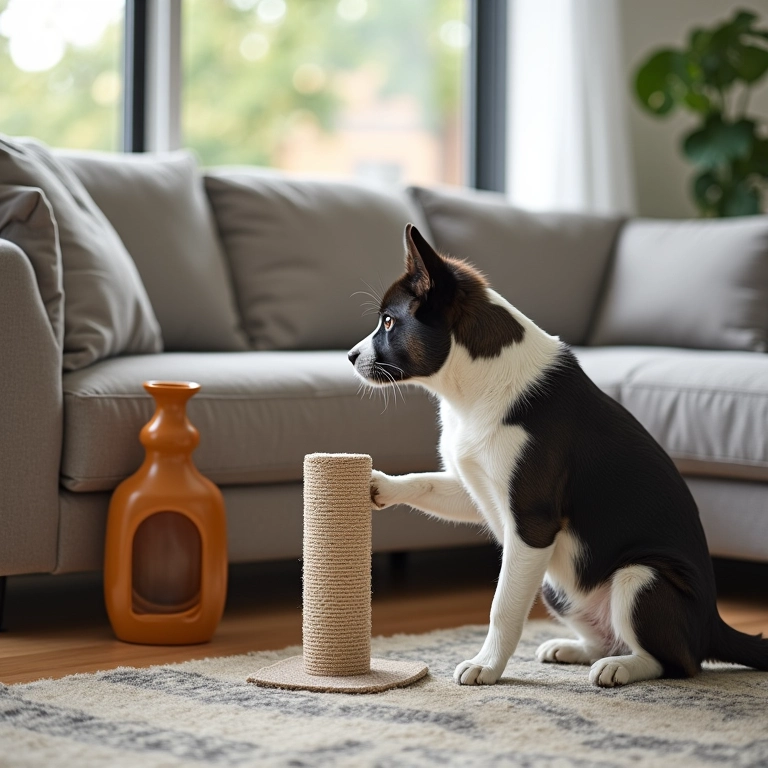 Arranhador ao lado de um sofá em um escritório pet-friendly.