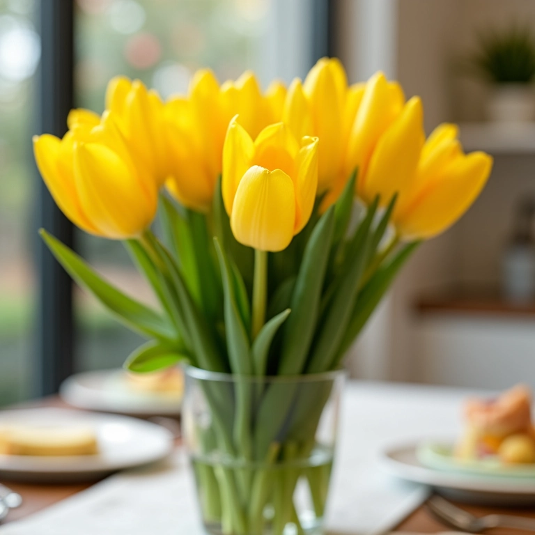 Arranjo criativo de tulipas amarelas em vaso de vidro em mesa decorada.
