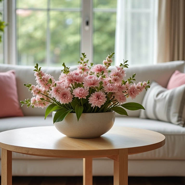 Arranjo de flores artificiais de tamanho médio em mesa de centro, proporcional à sala.