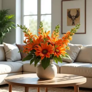 Arranjo de flores artificiais vibrantes em sala de estar decorada com estilo brasileiro autêntico.