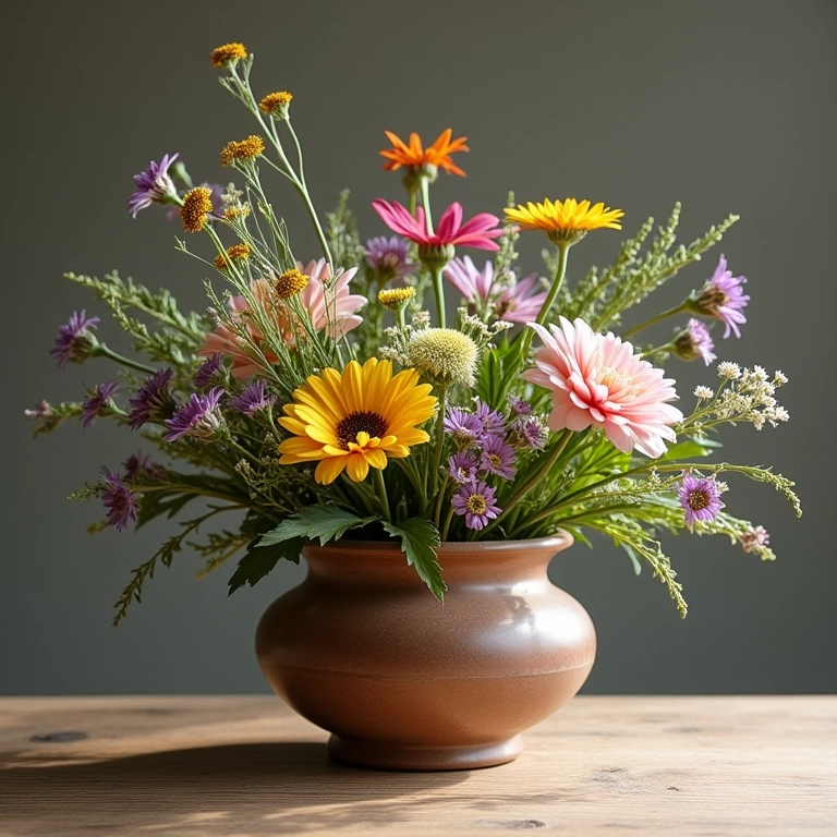 Arranjo de flores assimétrico em cerâmica irregular.