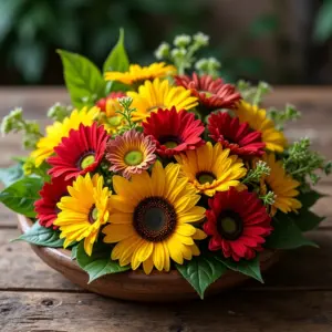 Arranjo de flores comestíveis em mesa rústica de madeira.