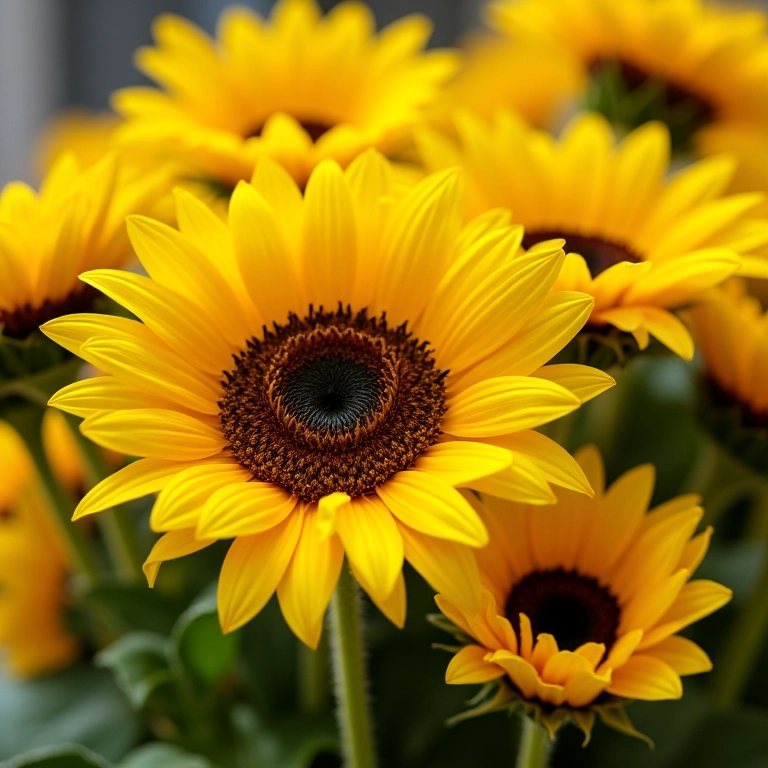 Arranjo de girassóis para memorial, simbolizando luz e energia.