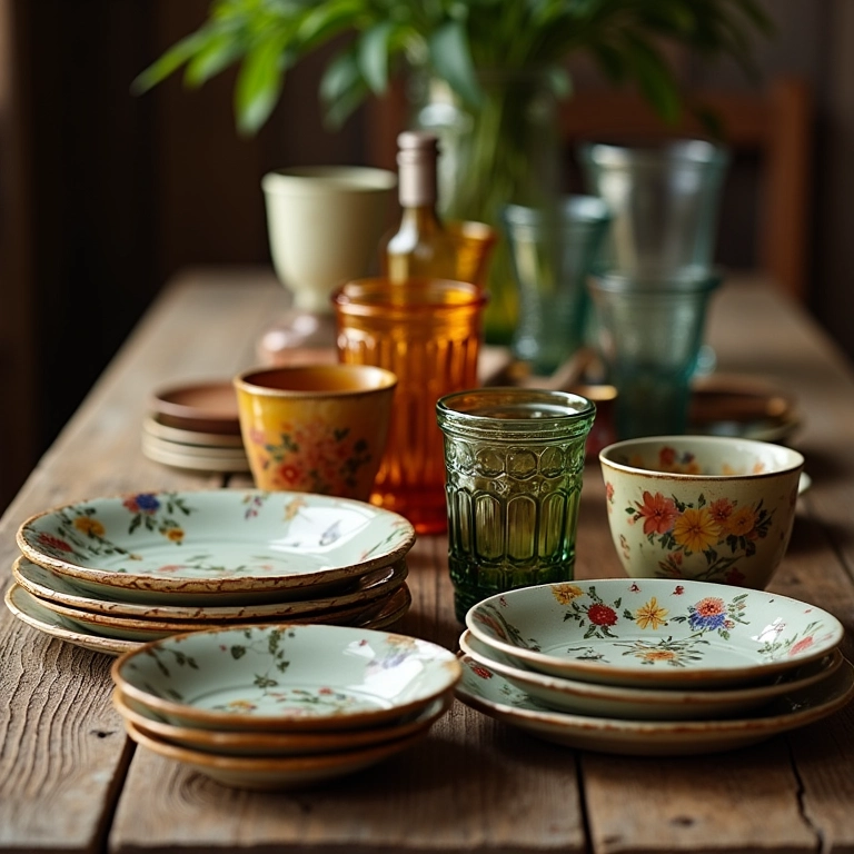 Arranjo de louças vintage em mesa rústica, com pratos diferentes e vidros coloridos.