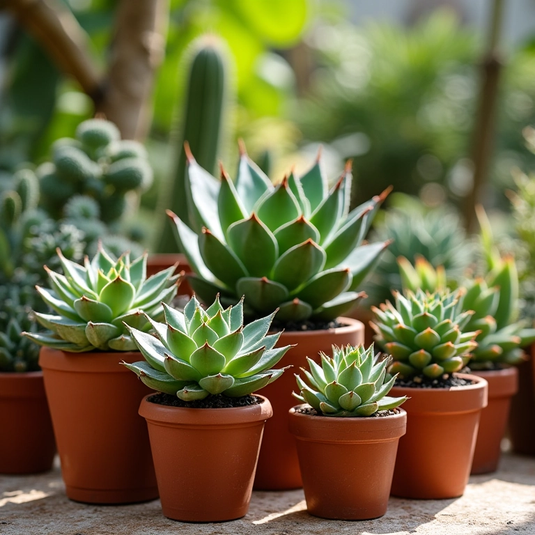 Arranjo de suculentas em vasos de terracota em um pátio brasileiro ensolarado.