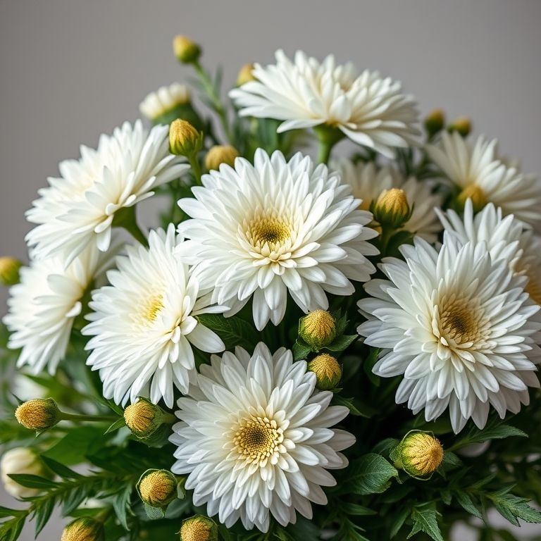 Arranjo floral com crisântemos brancos.